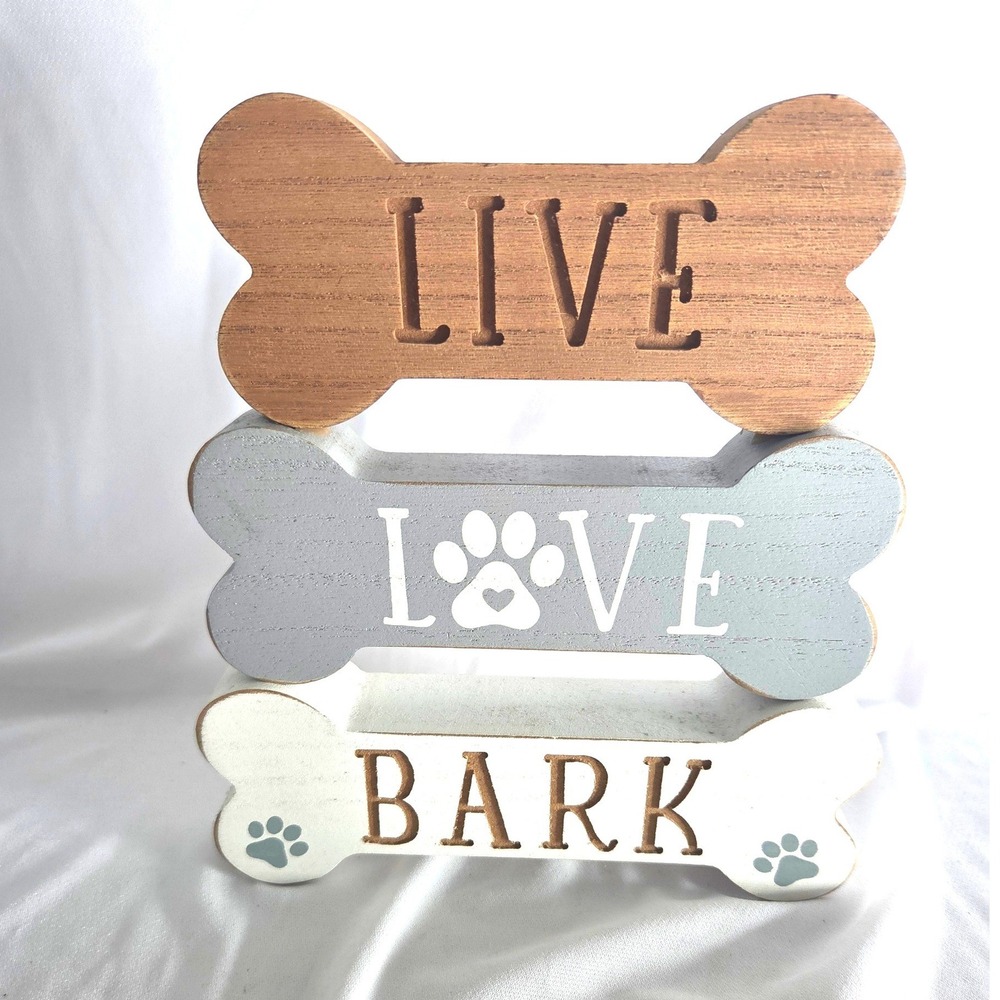 Live Love Bark Wooden Dog Bone Stacked Sign, Pet Home Decor Rustic 8 Inch